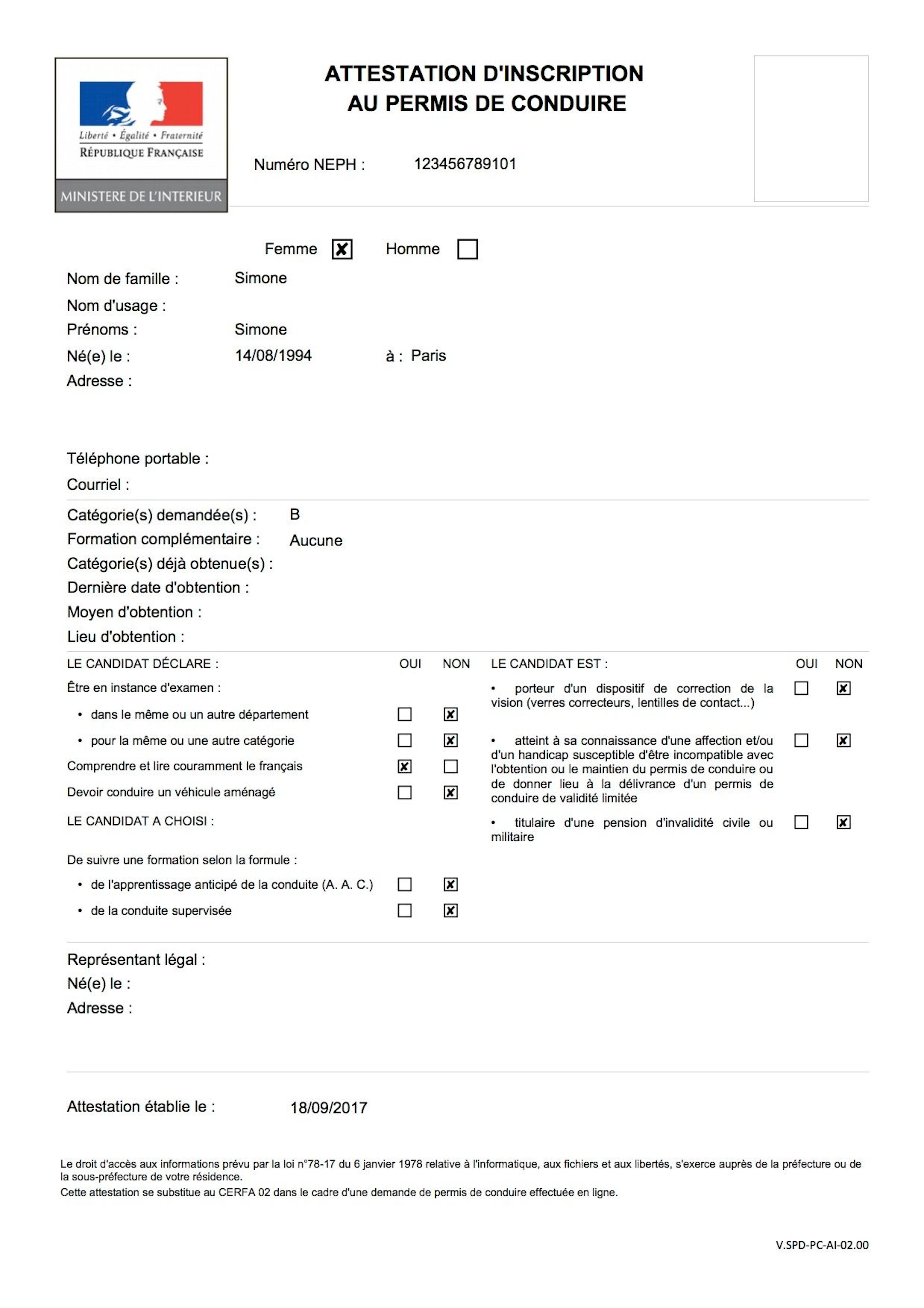 Attestation d'inscription au permis de conduire