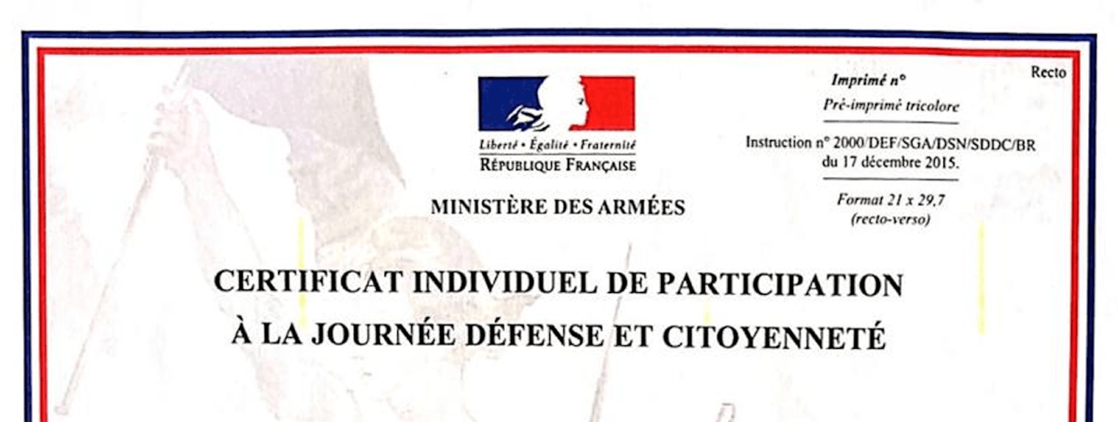 Certificat individuel de participation à la journée défense et citoyenneté (JDC)