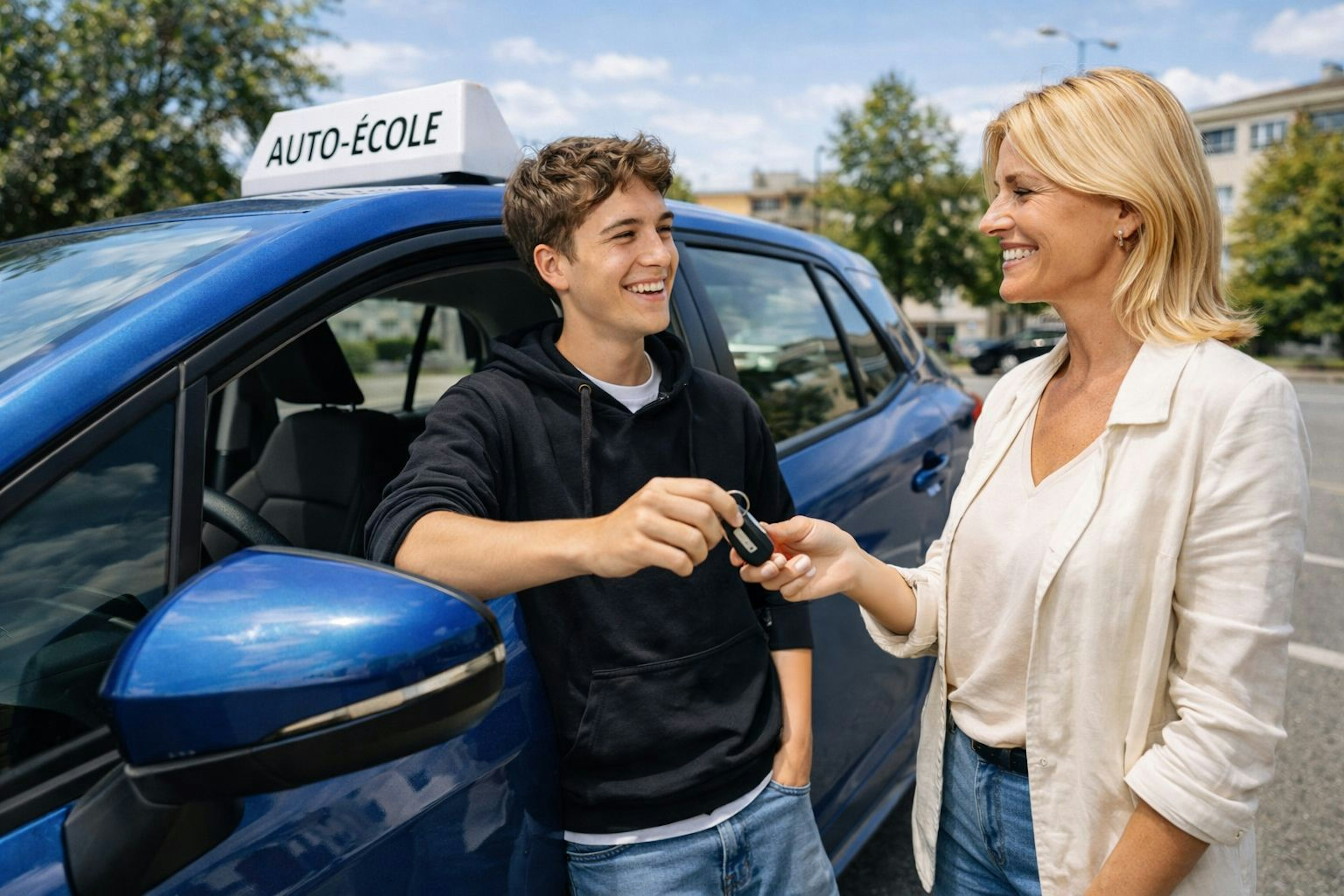 Elève avec sa monitrice devant une voiture auto-école