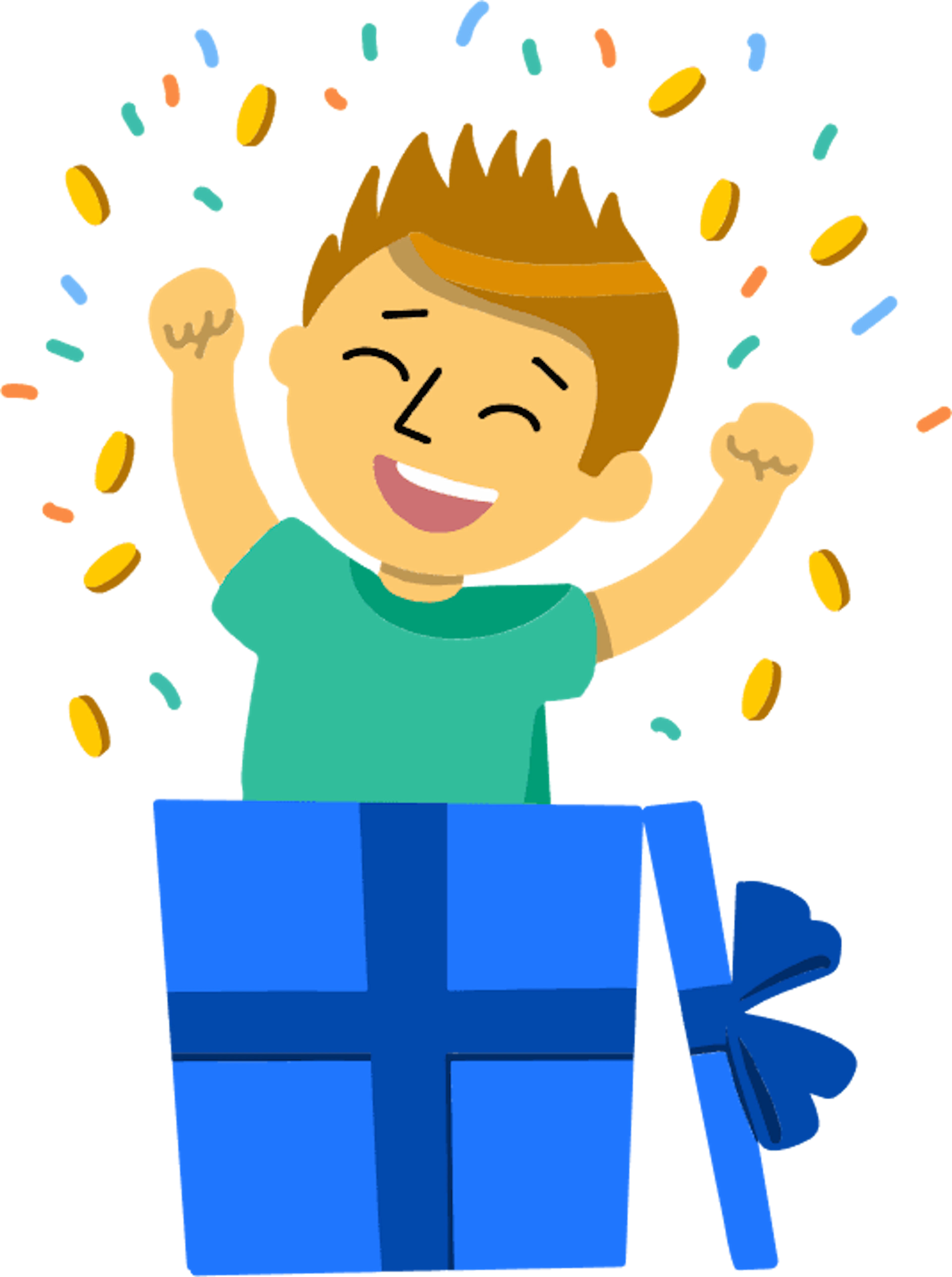 Elève heureux qui parait sortir d'un paquet cadeau