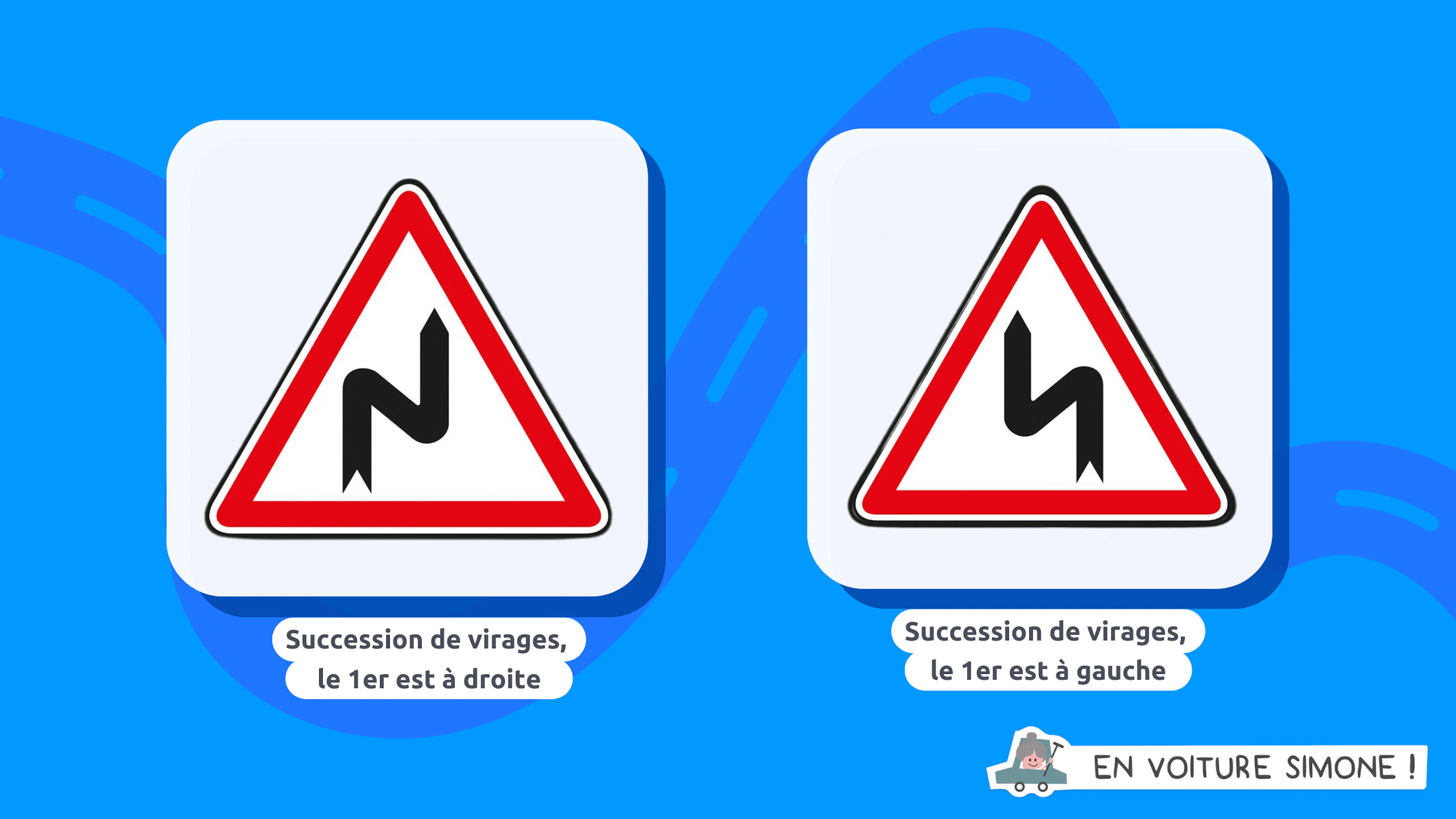 Illustration représentant les panneaux de succession de virages à droite et à gauche
