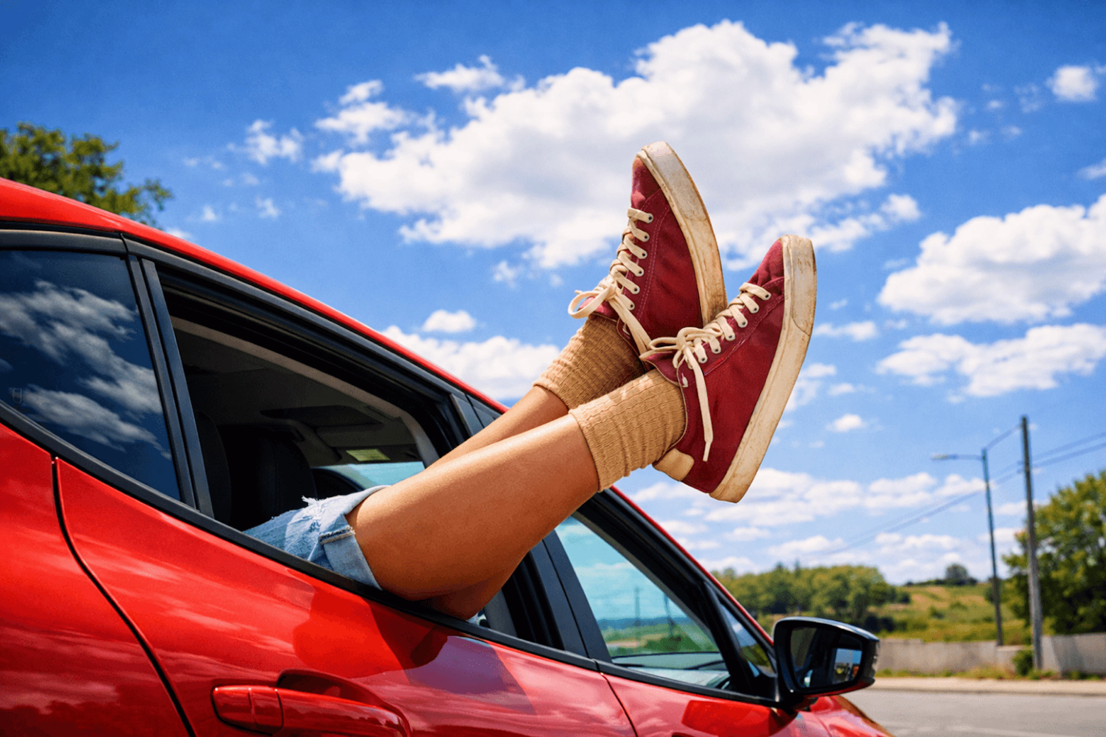 Des jambes qui dépassent par la vitre de la voiture