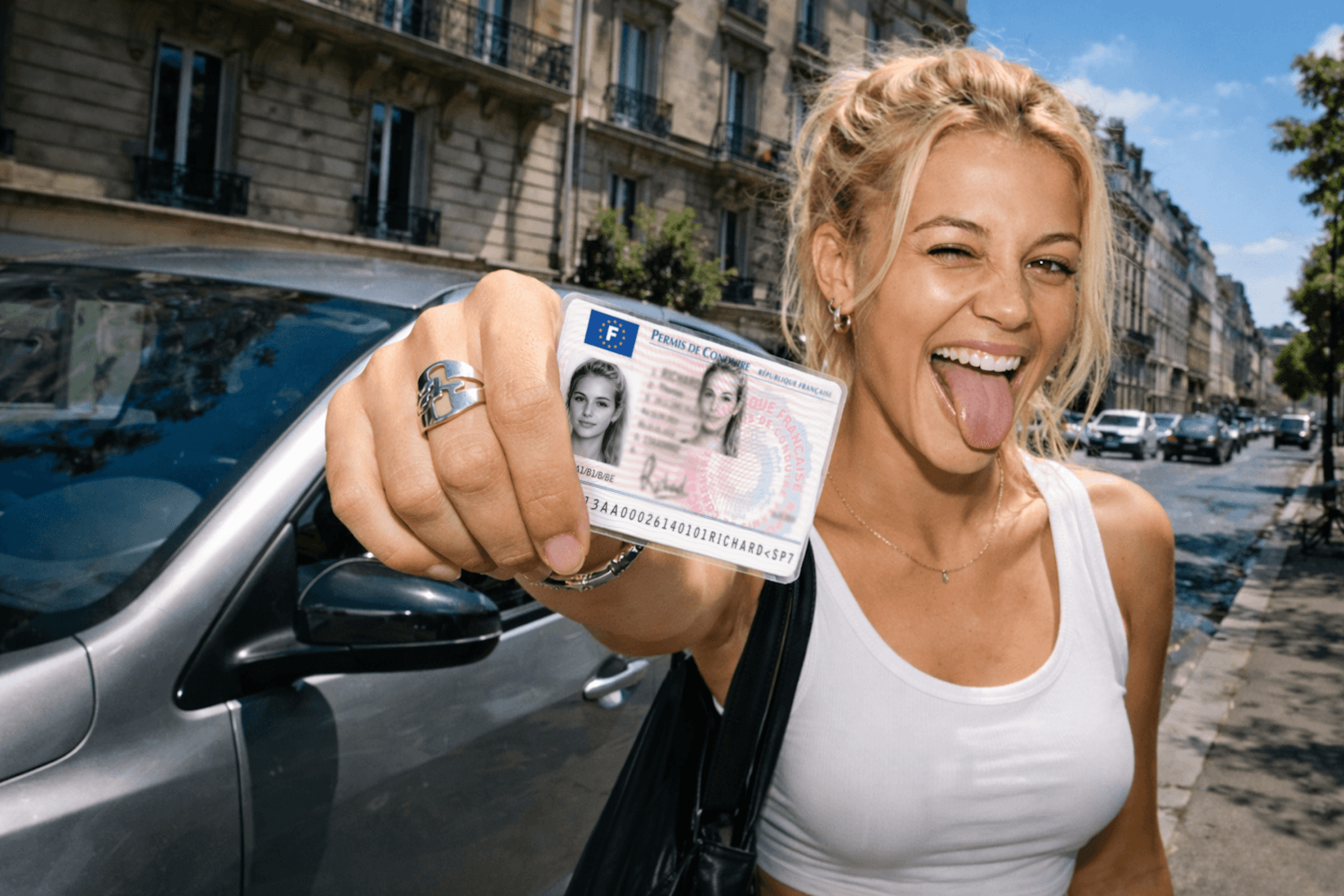 Une jeune conductrice montre son permis de conduire