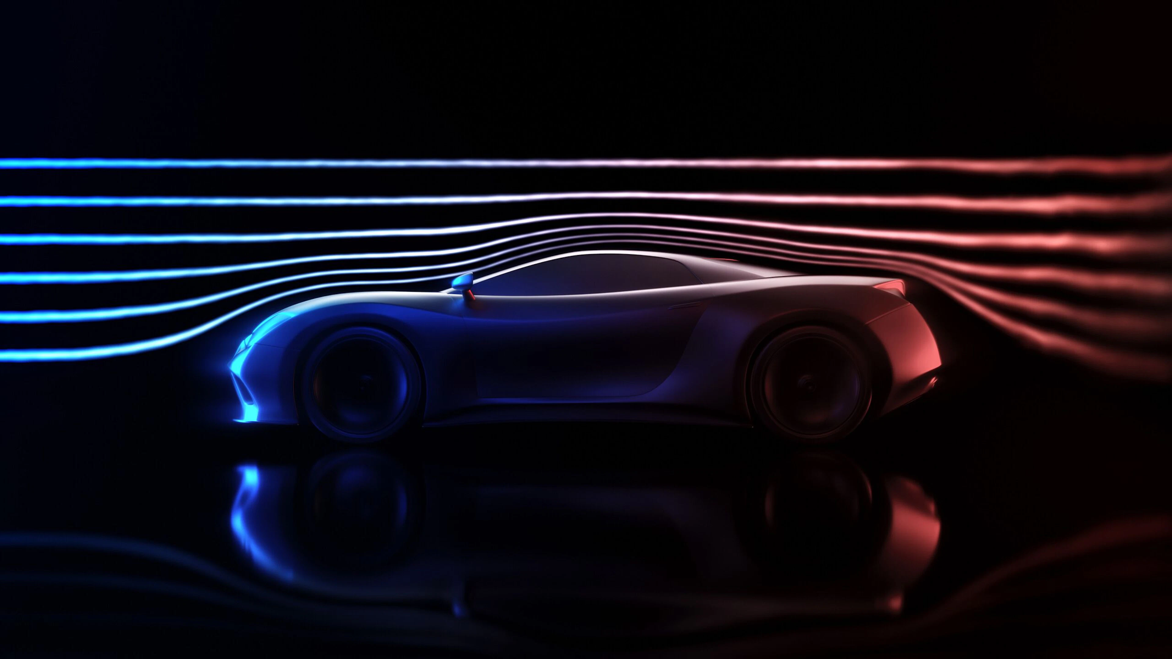 Voiture aux lignes aérodynamiques, enveloppée d'un éclairage néon rouge et bleu en dégradé