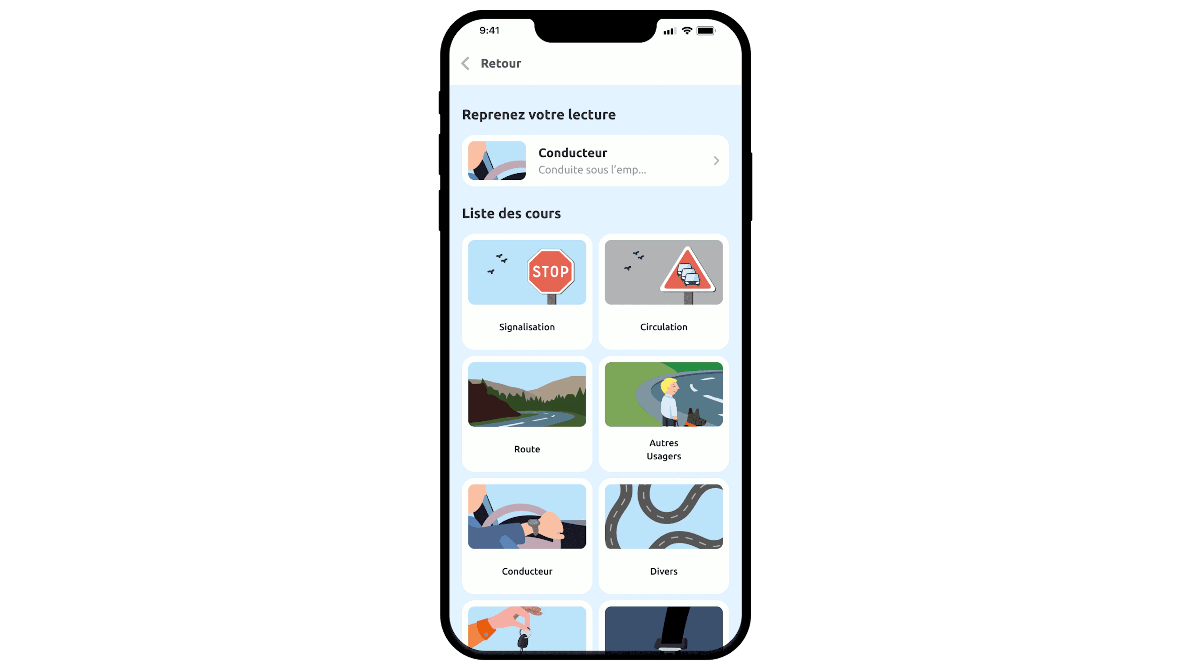 pour différentes catégories de listes de cours sur l'application "En Voiture Simone